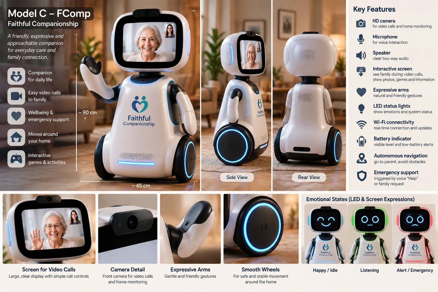 Faithful Companionship robot shown from the front, side and rear in a welcoming home
